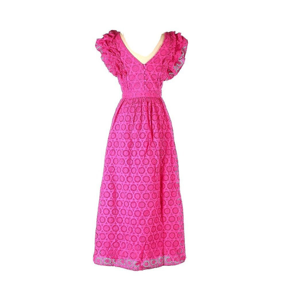 Nwt J.Crew Ruffle-Sleeve Maxi In Neon Flamingo Pink Eyelet Dress 0